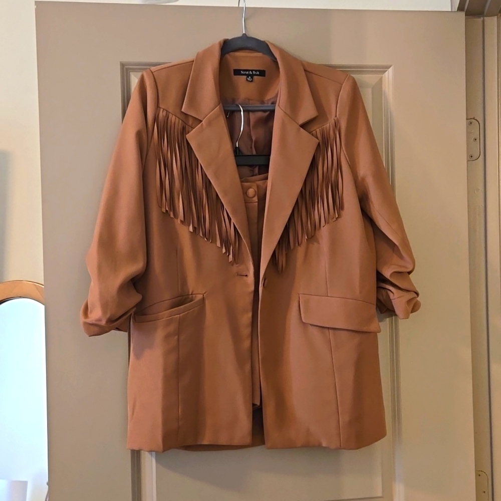 Tan Fringe Blazer Shorts Set